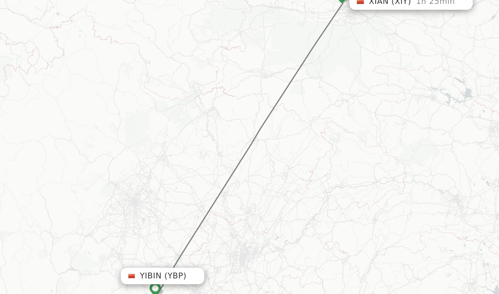 Flights from Yibin to Xian route map