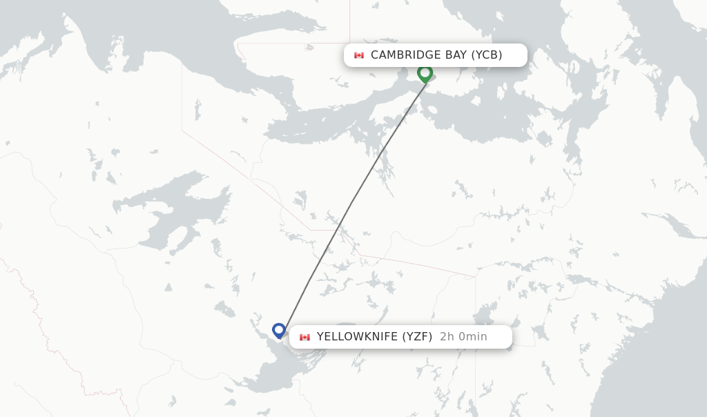 Flights from Cambridge Bay to Yellowknife route map