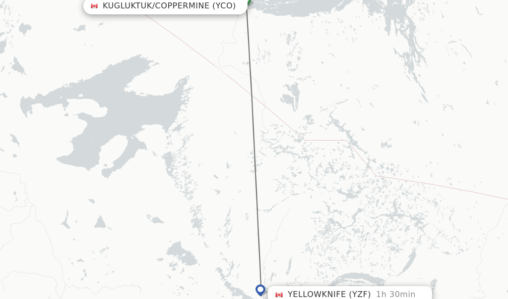 Flights from Kugluktuk/Coppermine to Yellowknife route map