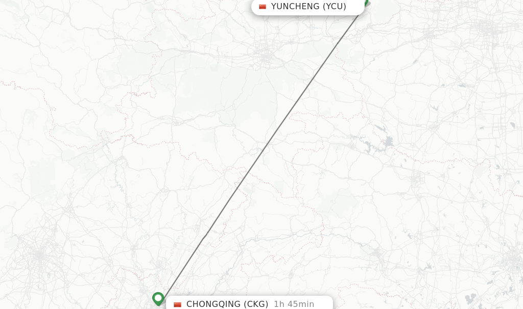 Flights from Yuncheng to Chongqing route map