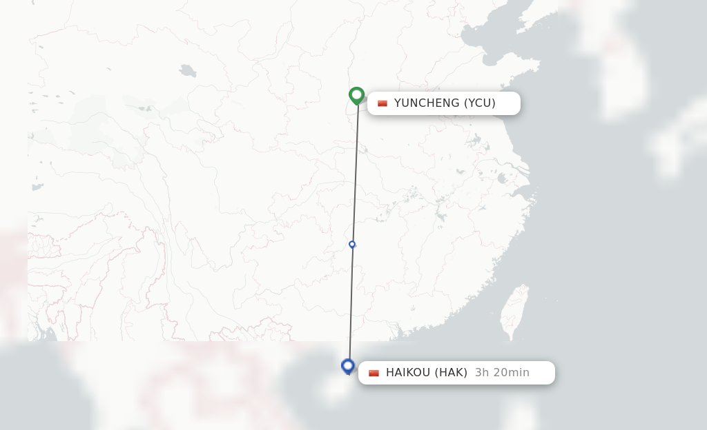 Flights from Yuncheng to Haikou route map