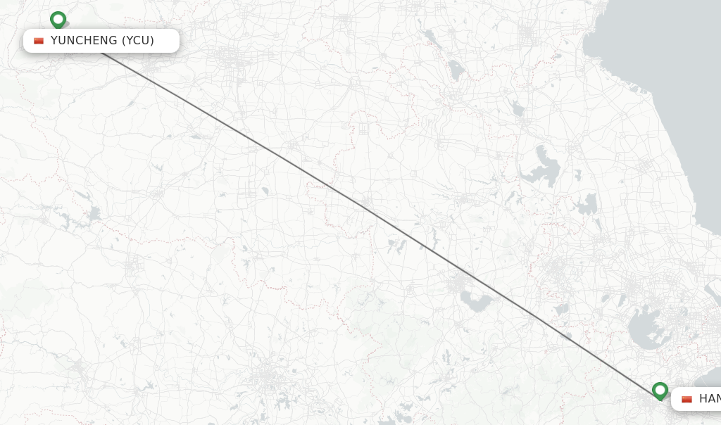 Flights from Yuncheng to Hangzhou route map
