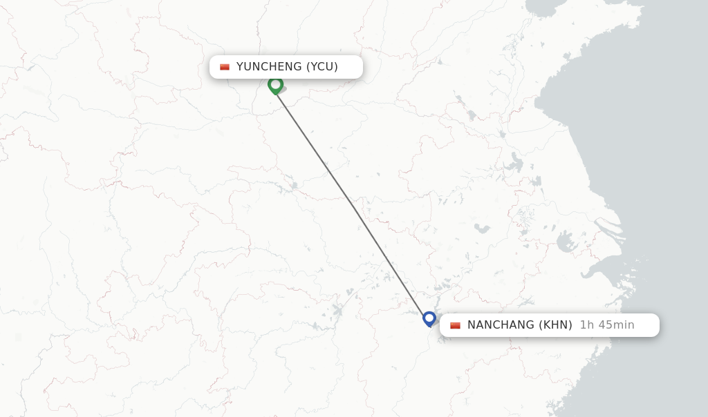 Flights from Yuncheng to Nanchang route map
