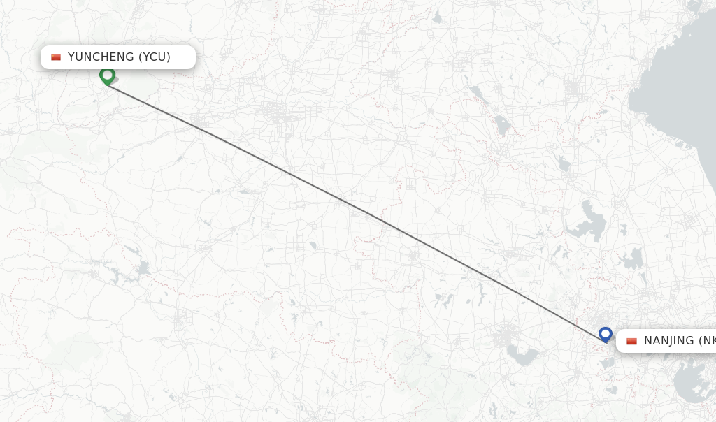 Flights from Yuncheng to Nanjing route map
