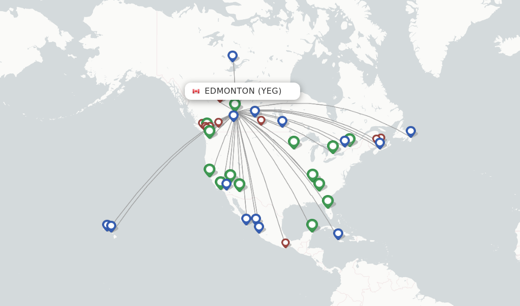 Route map with flights from Edmonton with WestJet