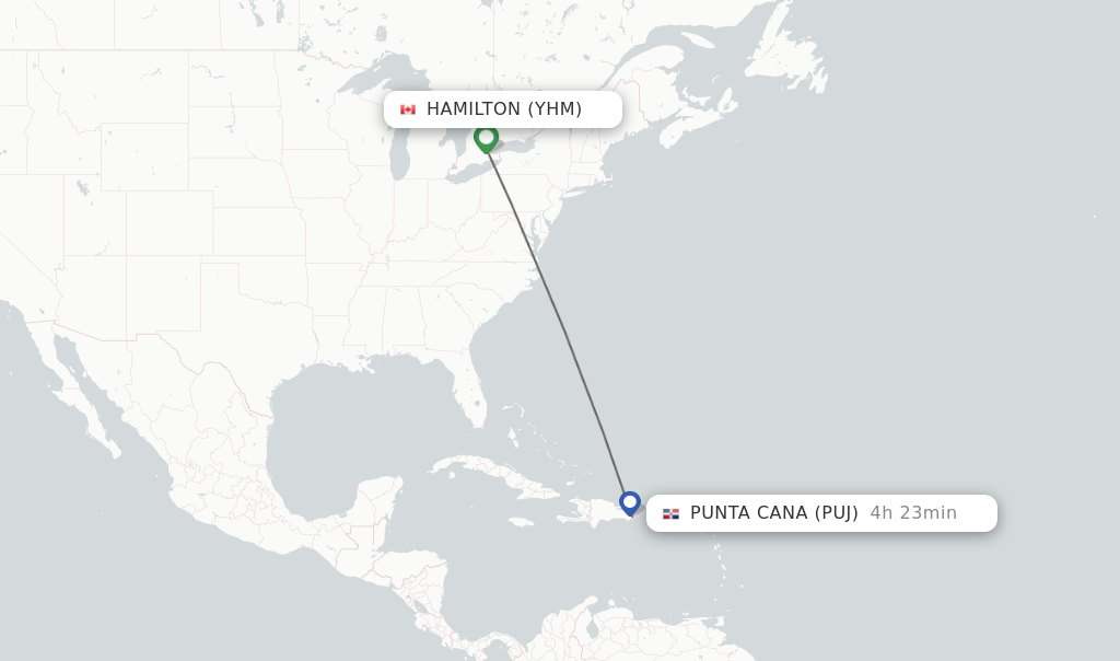 Flights from Hamilton to Punta Cana route map