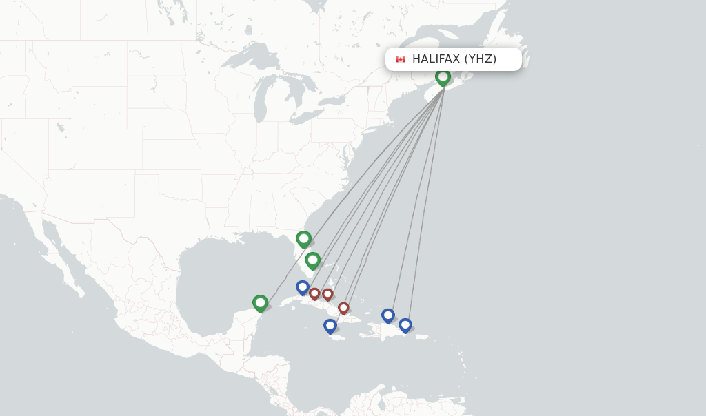 Route map with flights from Halifax with Air Transat