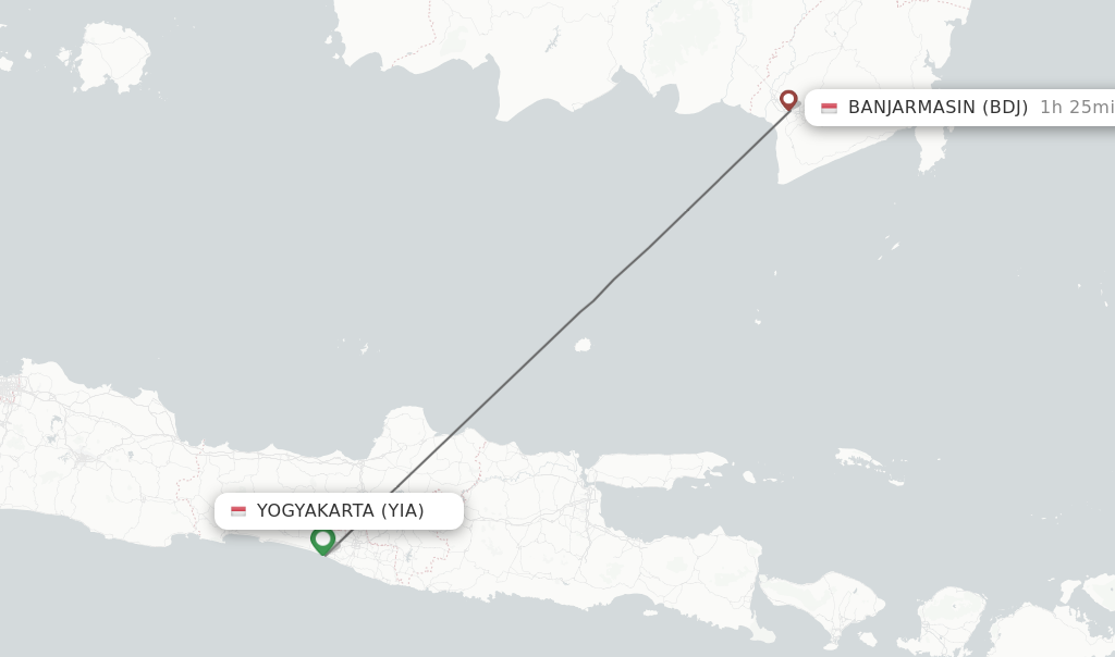 Flights from Yogyakarta to Banjarmasin route map