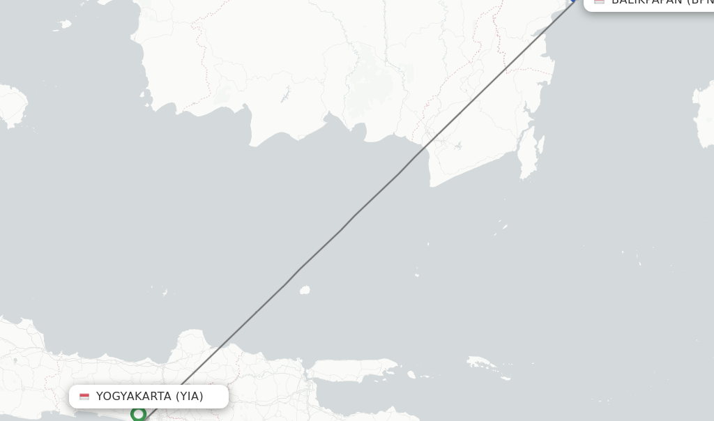 Flights from Yogyakarta to Balikpapan route map
