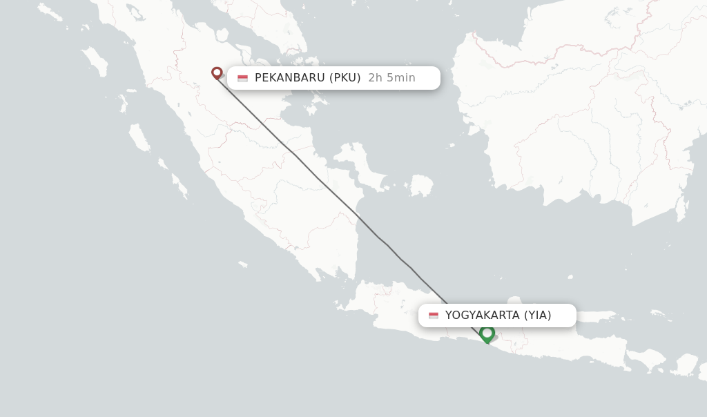 Flights from Pekanbaru to Yogyakarta route map