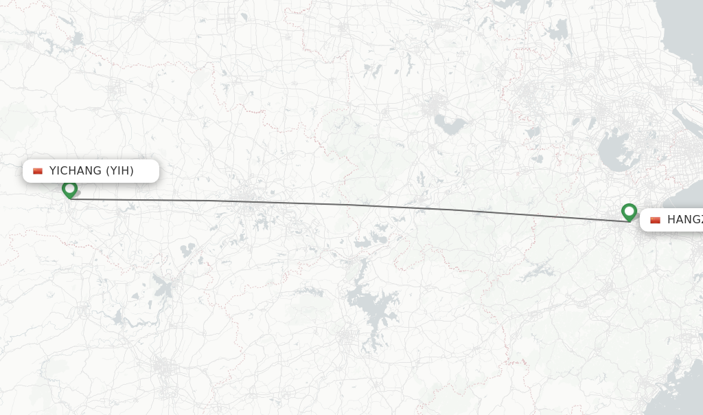 Flights from Yichang to Hangzhou route map