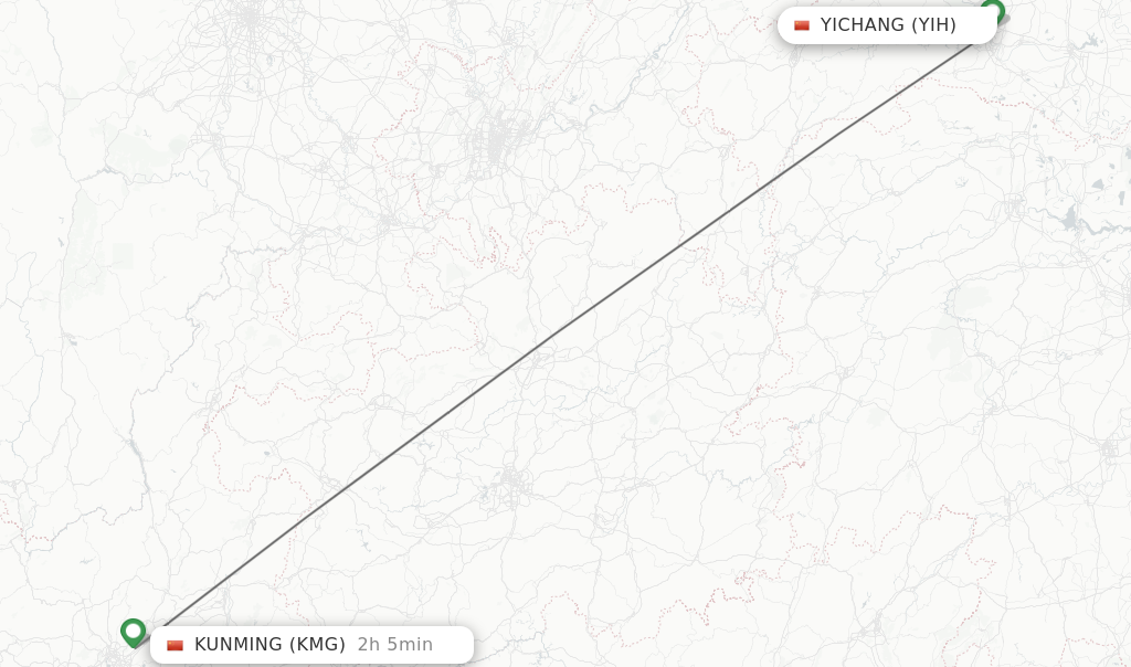 Flights from Yichang to Kunming route map