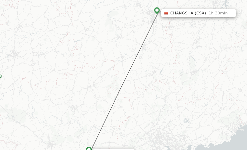Flights from Yulin to Changsha route map