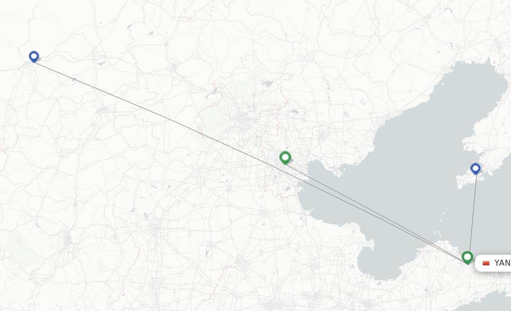 Route map with flights from Yantai with Tianjin Airlines