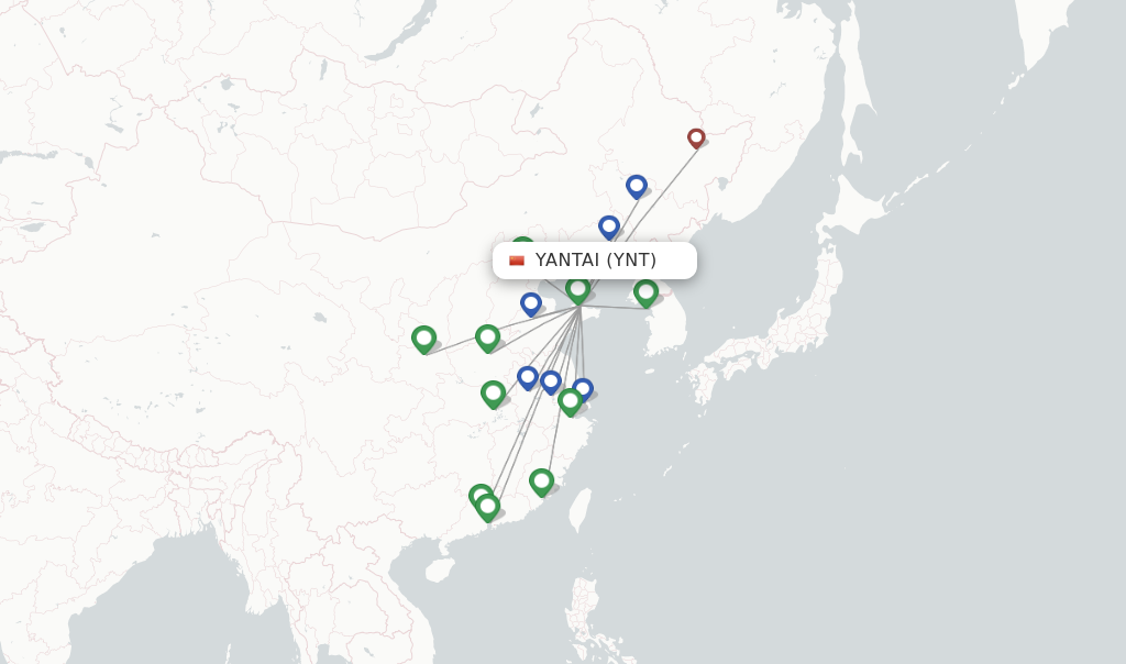 Route map with flights from Yantai with Shandong Airlines