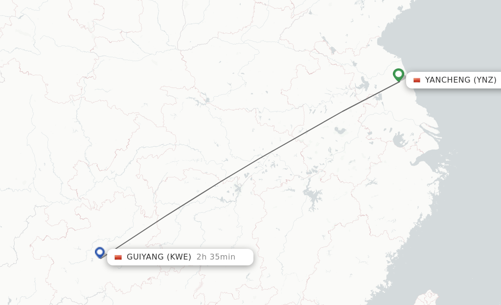 Flights from Yancheng to Guiyang route map