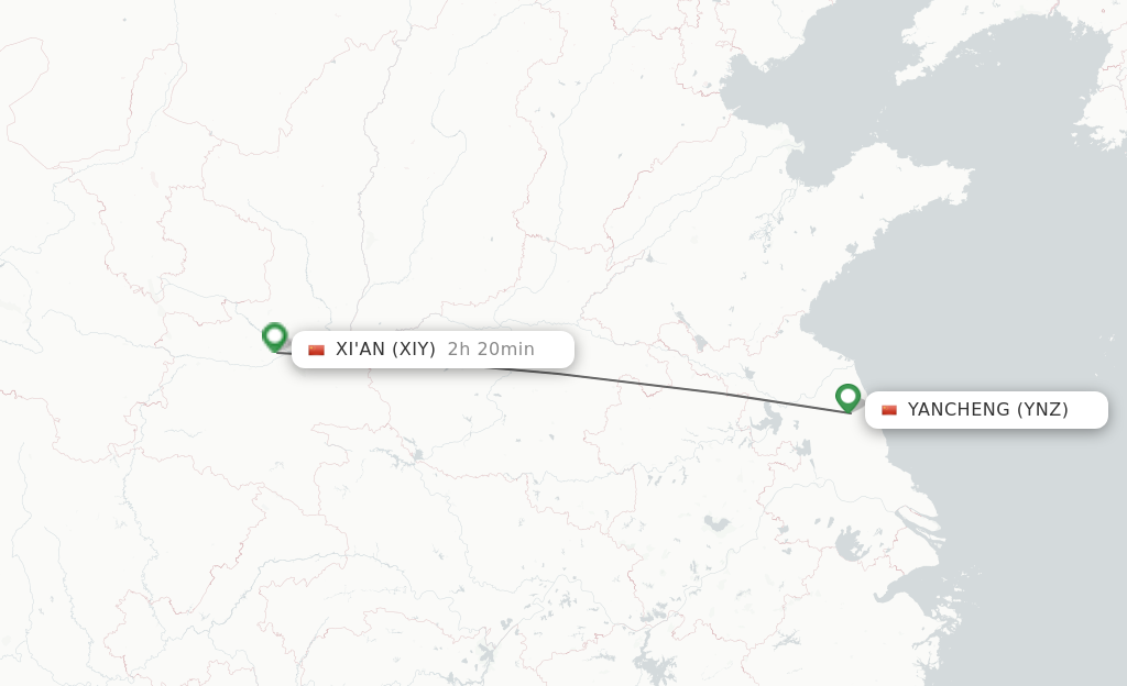 Flights from Yancheng to Xian route map