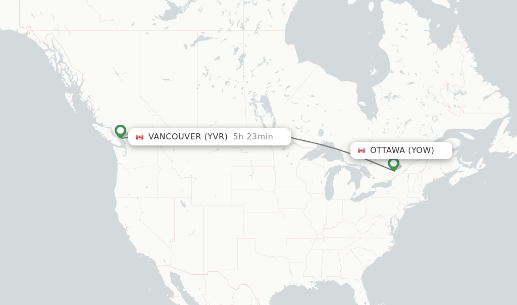 Flights from Ottawa to Vancouver route map