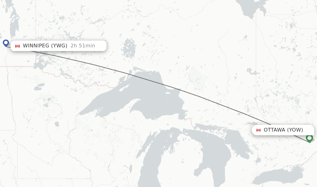 Flights from Ottawa to Winnipeg route map
