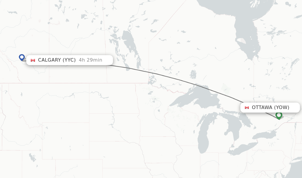 Flights from Ottawa to Calgary route map