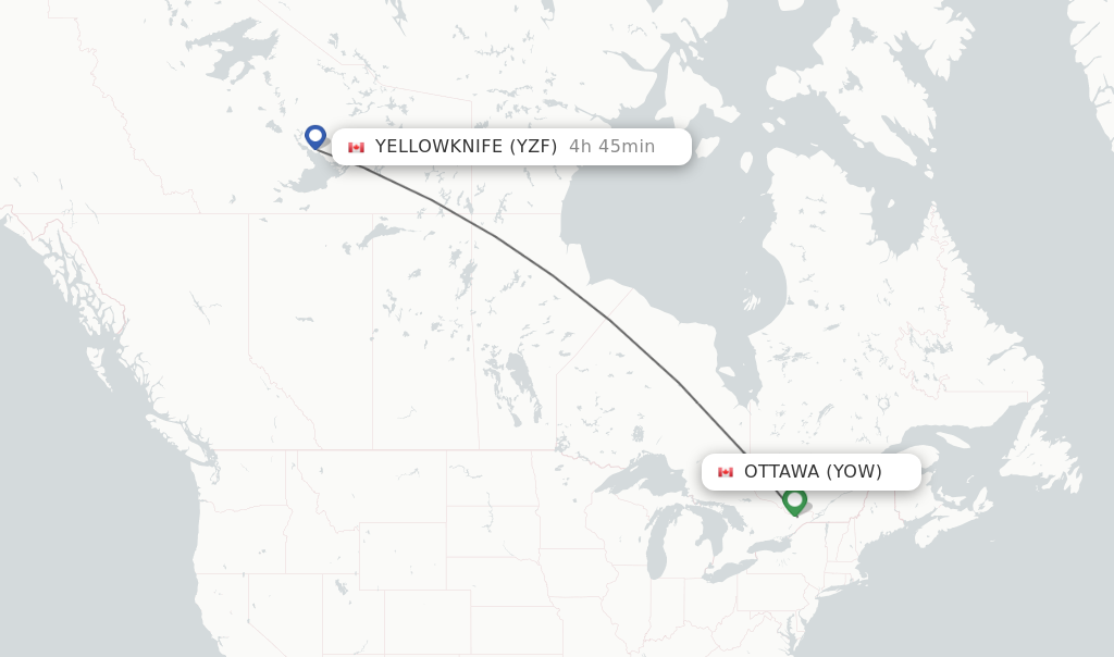 Flights from Ottawa to Yellowknife route map