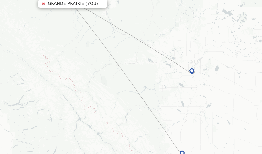 Route map with flights from Grande Prairie with WestJet