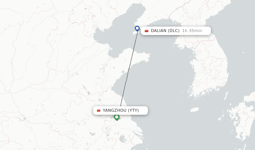 Flights from Yangzhou to Dalian route map