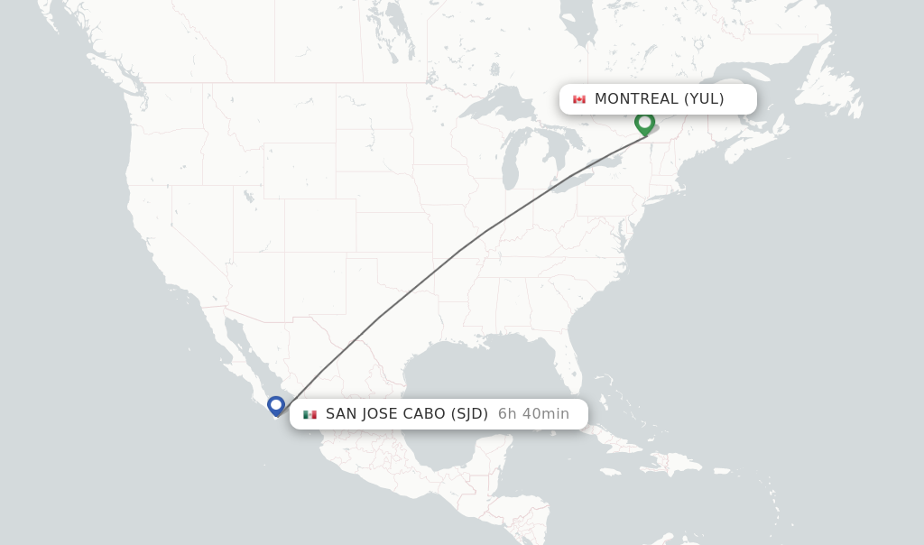 Flights from Montreal to San Jose Cabo route map
