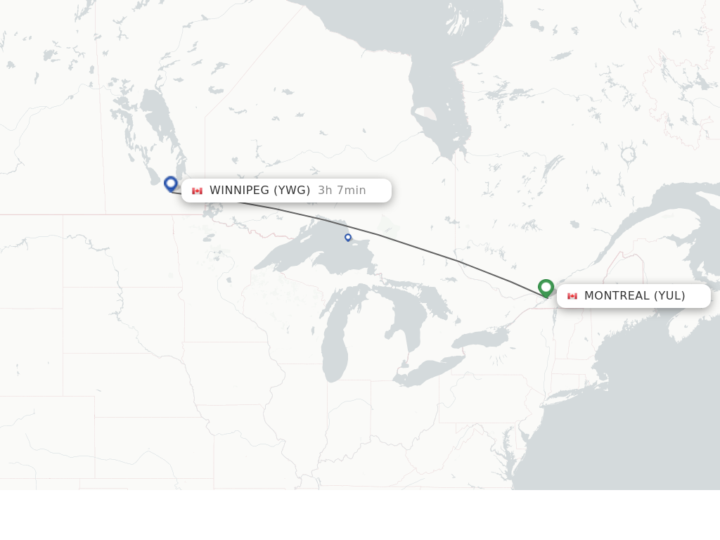 Flights from Montreal to Winnipeg route map
