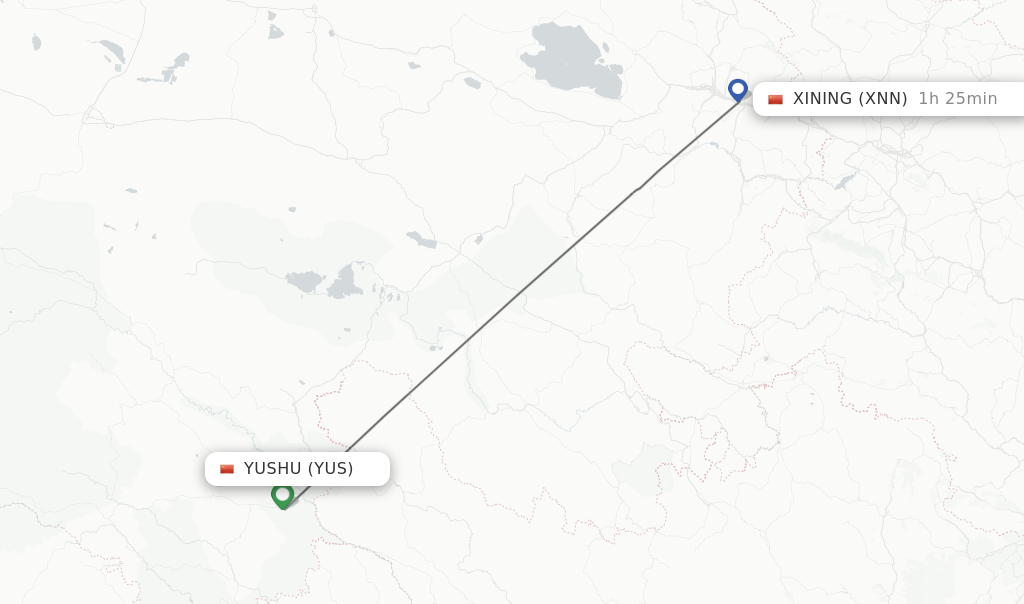 Flights from Yushu to Xining route map