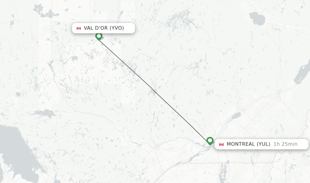 Flights from Val D'Or to Montreal route map