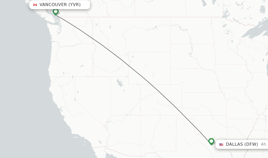 Flights from Vancouver to Dallas route map