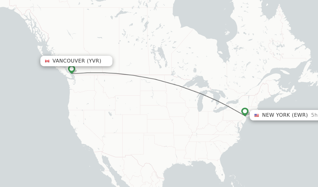 Flights from Vancouver to New York route map