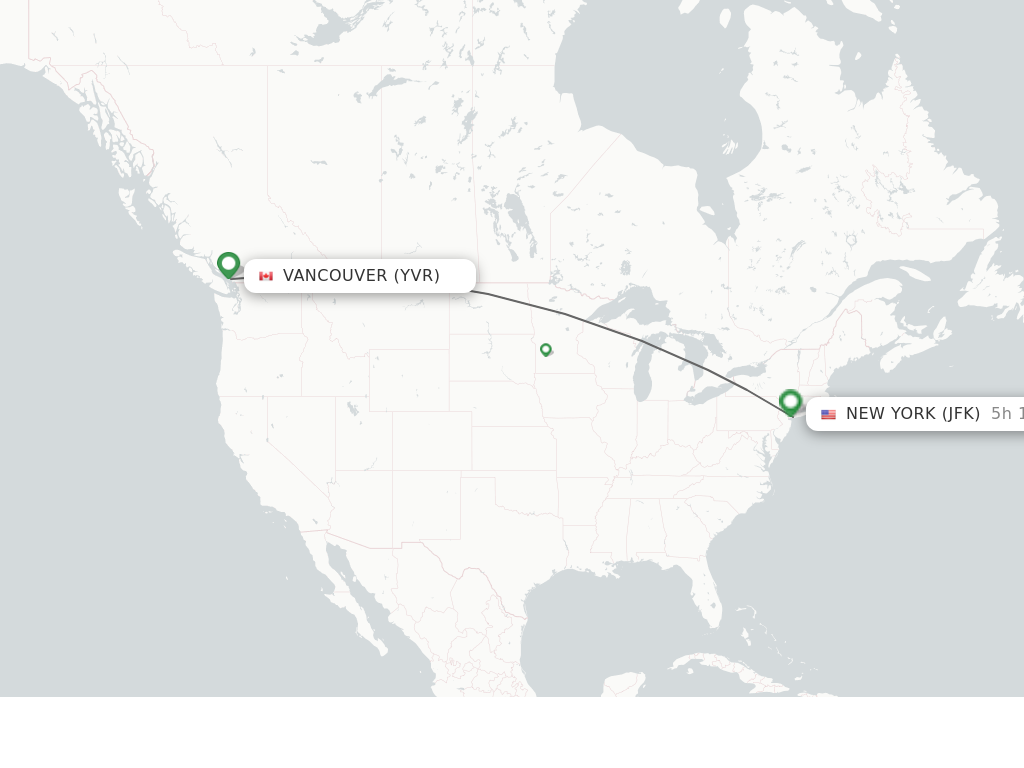 Flights from Vancouver to New York route map