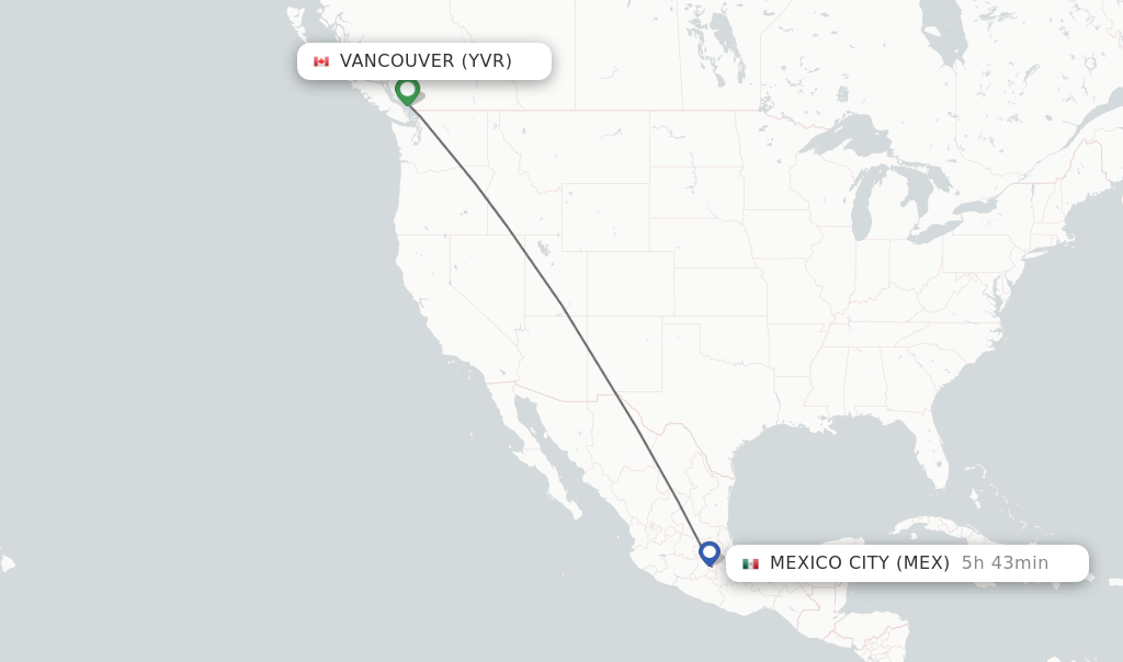 Flights from Vancouver to Mexico City route map