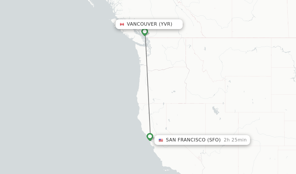 Flights from Vancouver to San Francisco route map