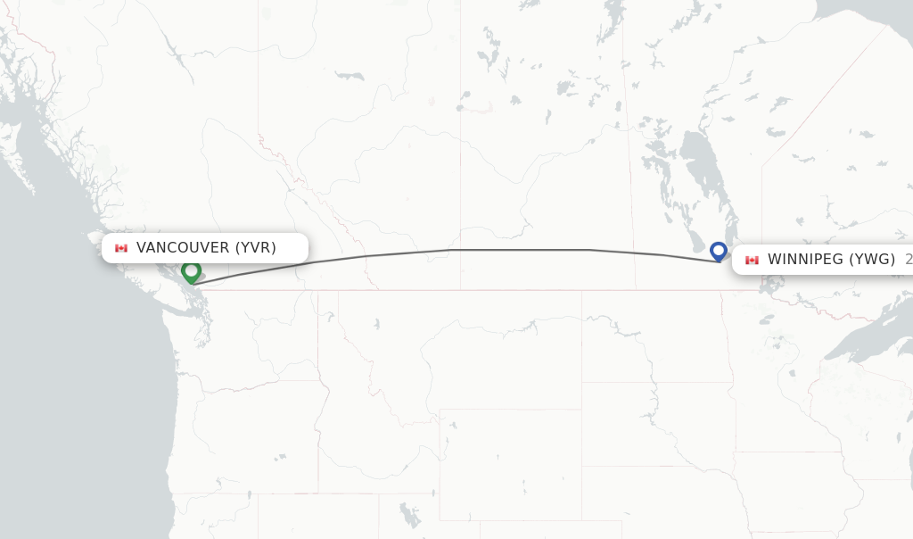 Flights from Vancouver to Winnipeg route map