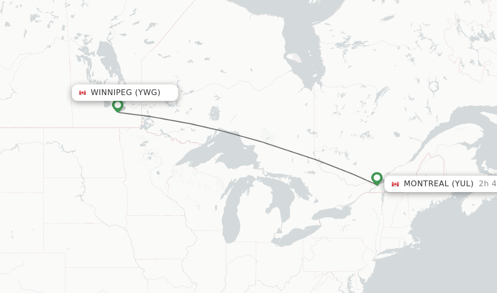 Flights from Winnipeg to Montreal route map