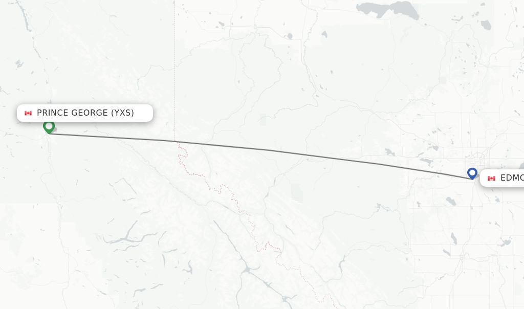 Flights from Prince George to Edmonton route map