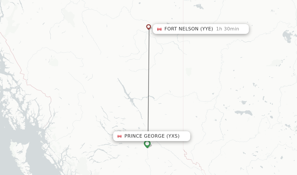 Flights from Prince George to Fort Nelson route map