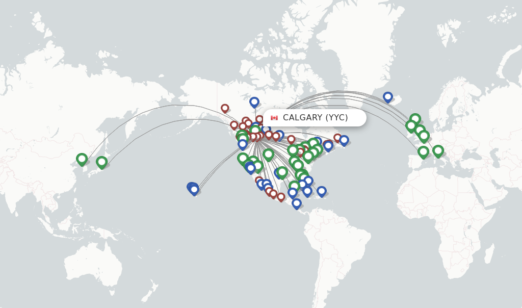 Route map with flights from Calgary with WestJet