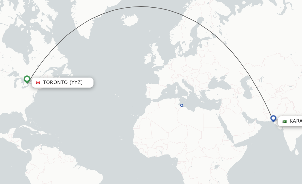 Flights from Toronto to Karachi route map