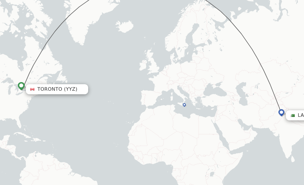 Flights from Toronto to Lahore route map