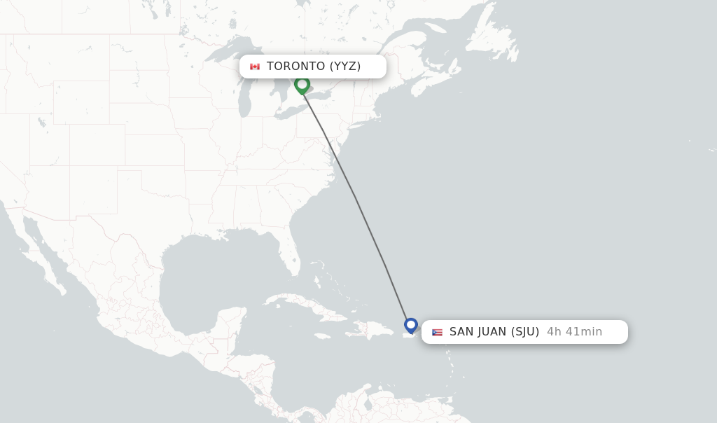 Flights from Toronto to San Juan route map