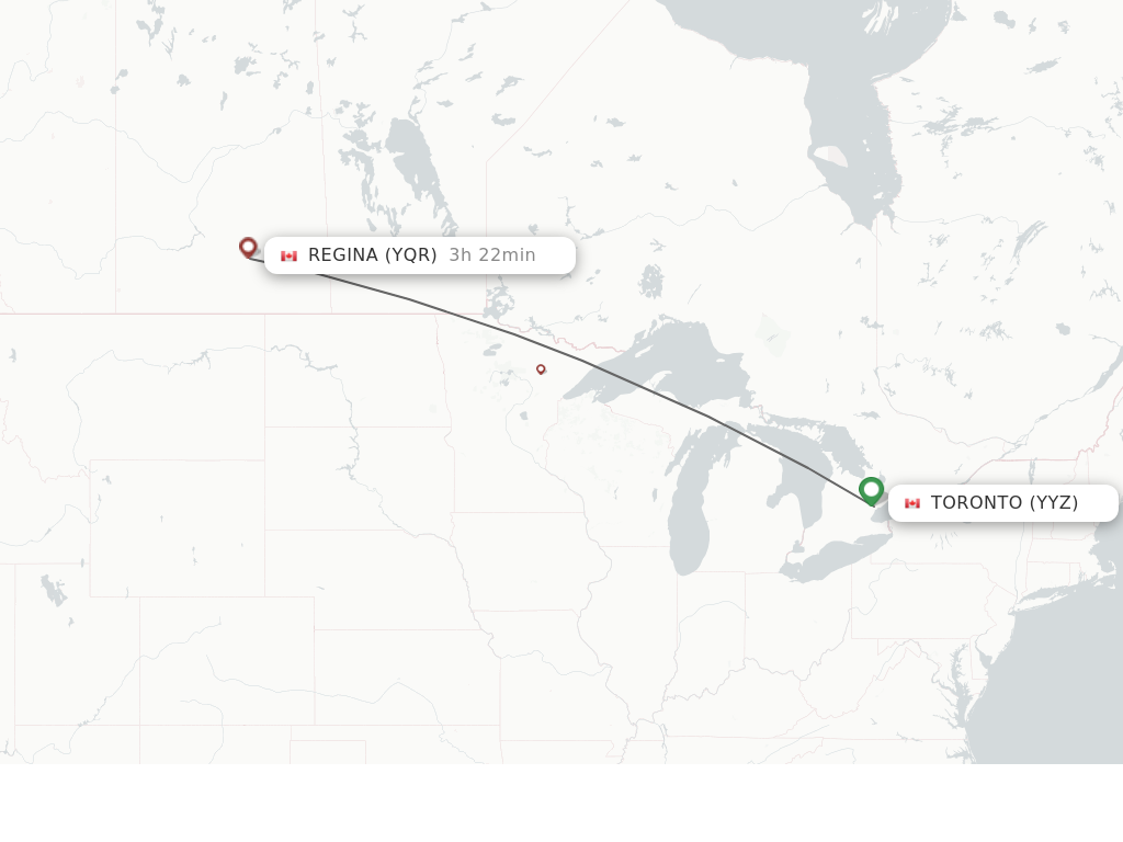 Flights from Toronto to Regina route map
