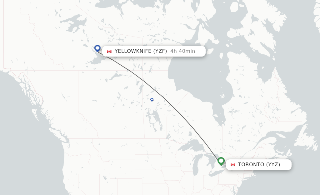 Flights from Toronto to Yellowknife route map