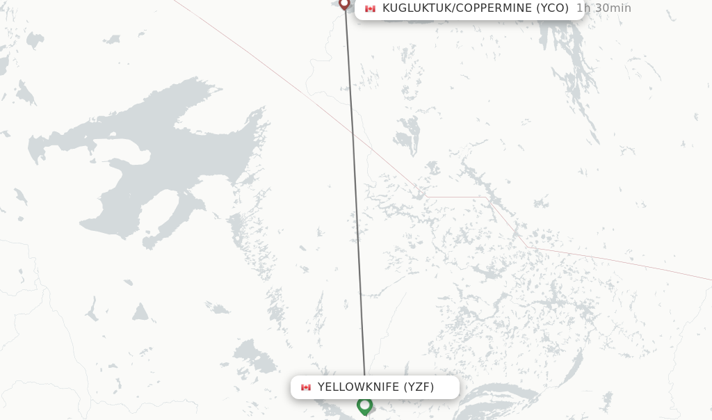 Flights from Yellowknife to Kugluktuk/Coppermine route map