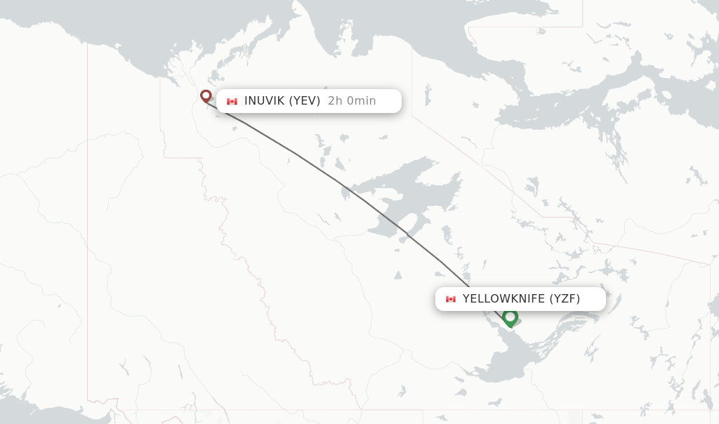 Flights from Yellowknife to Inuvik route map