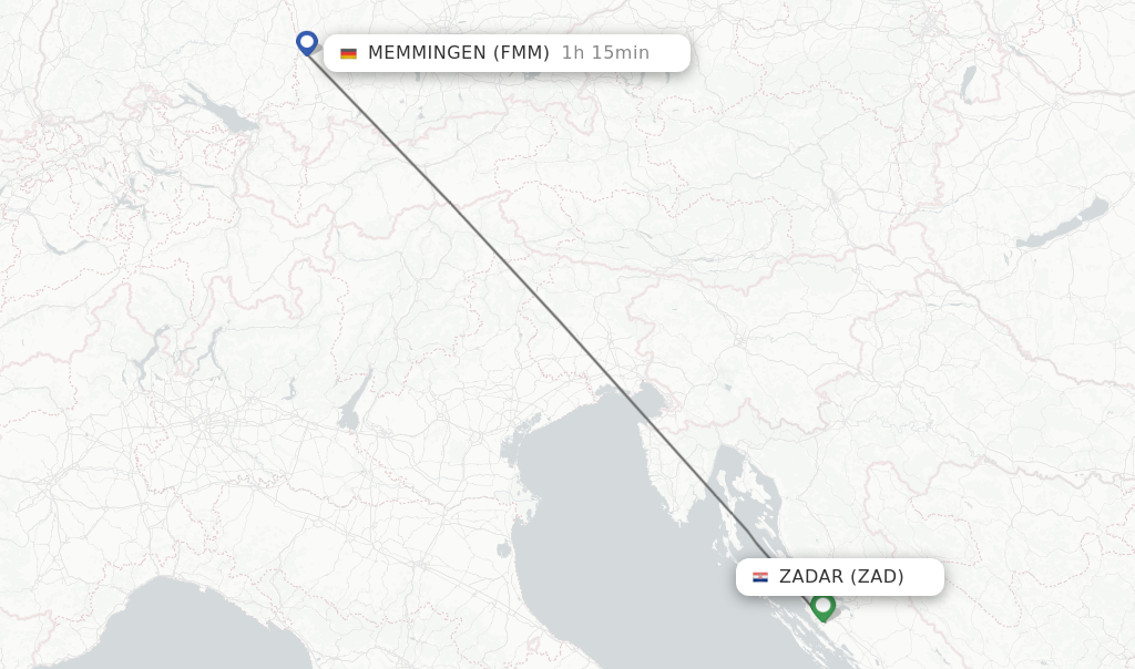 Flights from Zadar to Memmingen route map