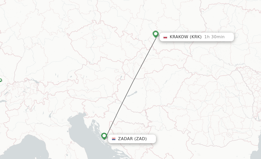 Flights from Zadar to Krakow route map